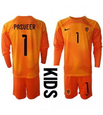 Holandia Remko Pasveer #1 Bramkarskie Koszulka Wyjazdowych Dziecięca MŚ 2022 Długi Rękaw (+ Krótkie spodenki)
